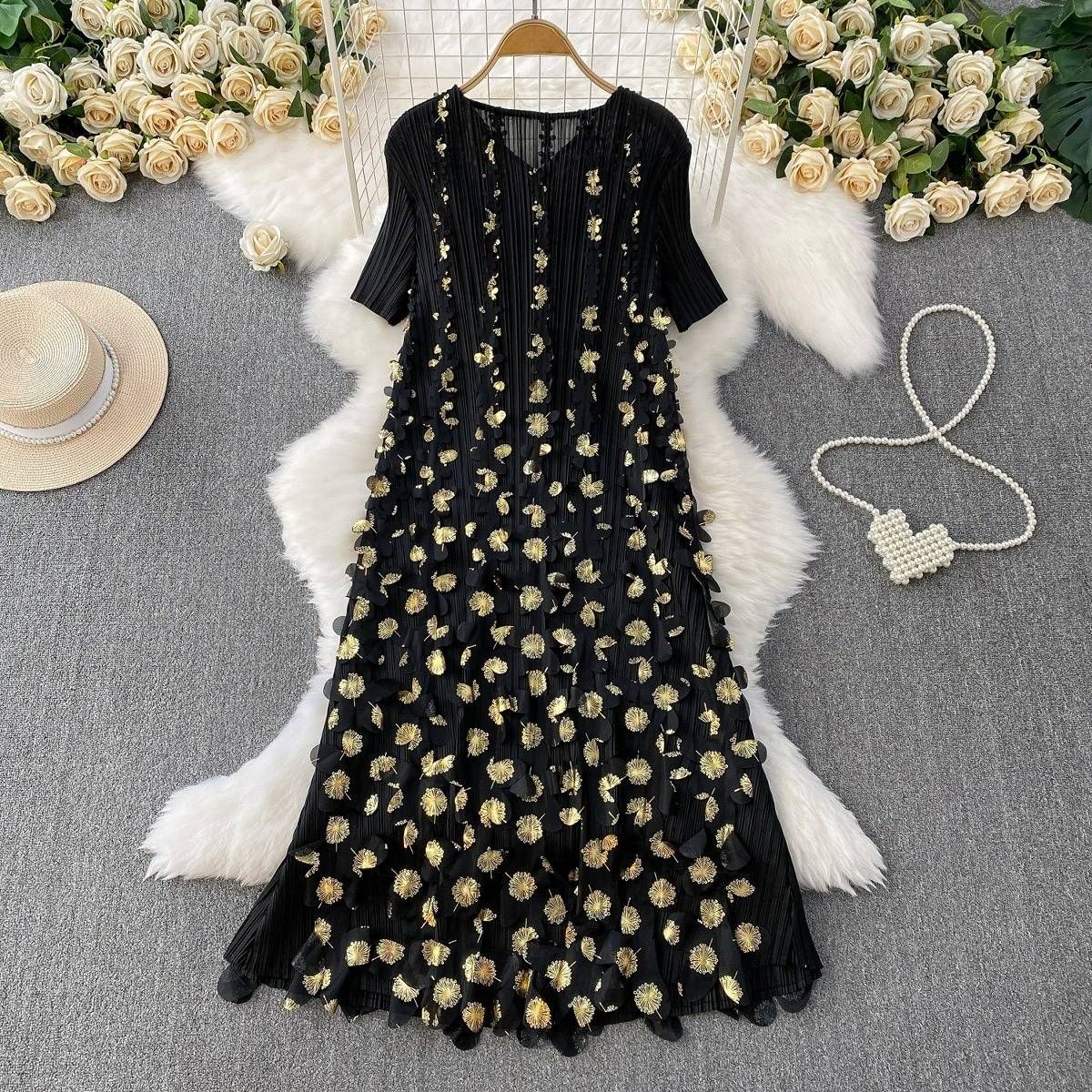 Women's Clothing High End Miyake Pleated V Neck Dress Summer With Heavy Gold Stamped Three Dimensional Flowers Long Skirt_ecoleips.com