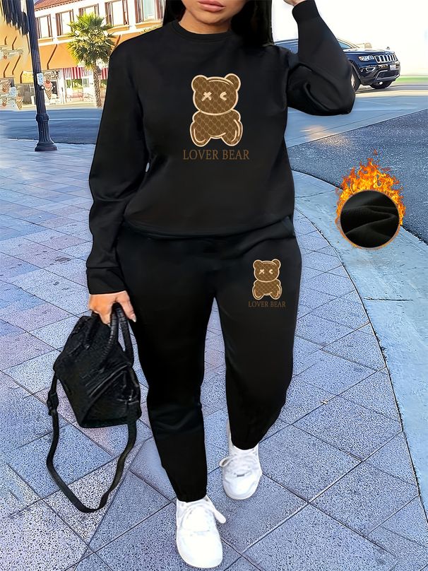 Women's Autumn And Winter Hip-hop Casual Street Cartoon Bear Pattern Printed Round Neck Sweatshirt+sports Pants Set-604_ecoleips.com