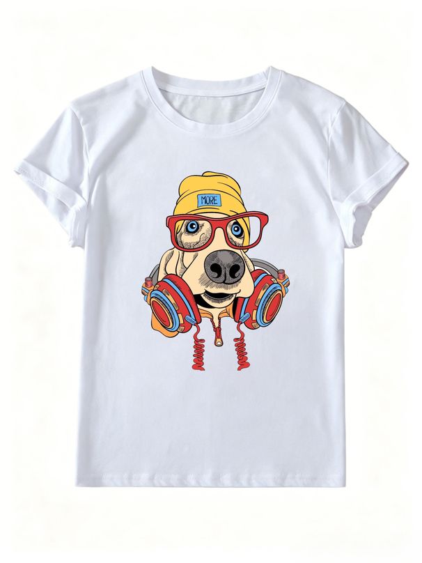 Women's Hip-hop Dog T-shirt, Retro Cartoon Puppy Short-sleeved Top, Casual Round Neck Summer Top_ecoleips.com