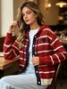 Red White Stripe Heart Pit Rib Knit Hooded Cardigan, Loose Lightweight Breathable Soft Skin-touch Drawstring Button Knit Jacket_ecoleips.com