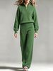 Women Ribbed Knit 2 Piece Tracksuit, Loose Lightweight Hollow Eyelet Skin Friendly Half Zip Long Sleeve Top Wide Leg Pants Set_ecoleips.com