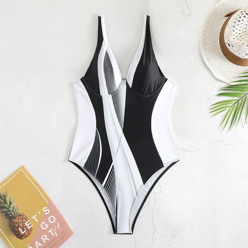 "Sexy Contrast Panel One-Piece Swimsuit – Slimming V-Neck Monokini With Tummy Control For Women"_ecoleips.com
