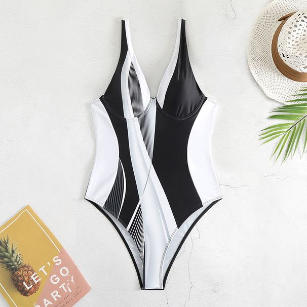"Sexy Contrast Panel One-Piece Swimsuit – Slimming V-Neck Monokini With Tummy Control For Women"_ecoleips.com