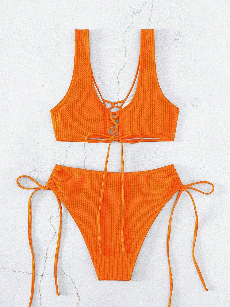 Women's American Style Solid Color High-Waisted Bikini Sexy Beach Two-Piece Swimsuit Sleeveless Wire-Free Nylon_ecoleips.com
