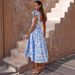 Cross-border European And American 2026 Summer Wom's Floral Print Bohemian Short Sleeve Square Neck Long Dress For_ecoleips.com