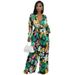 Women's High-Waisted Jumpsuit - Flowy Wide-Leg Jumpsuit With Long Sleeves & Belt Detail - Casual Office Wear - Blue/Green (S-2XL)_ecoleips.com