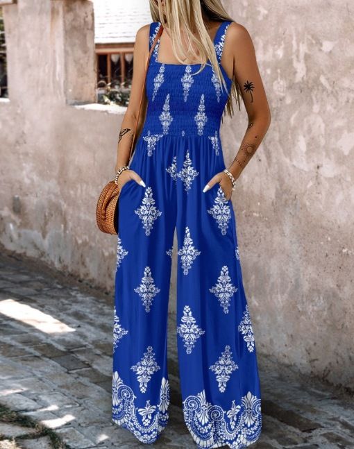 Women's Clothing Positioning Printing Women's Summer New Suspenders Pocket Wide Leg Jumpsuit_ecoleips.com