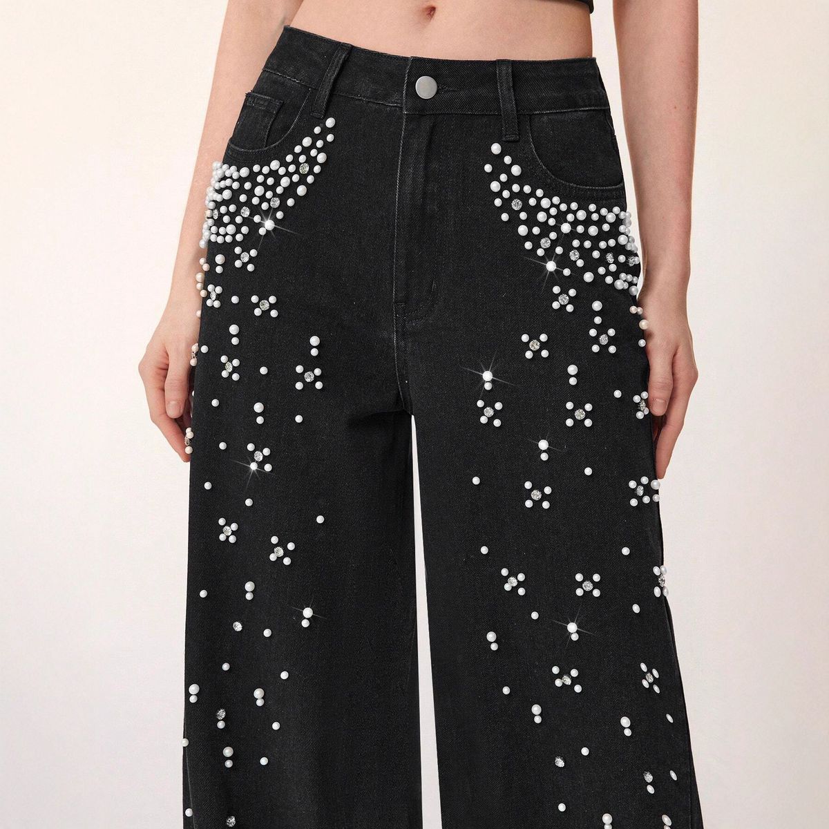 Women's Distressed Straight Leg Jeans Rhinestone Embellished Denim Pants Comfort Fit Stretch_ecoleips.com