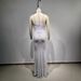 Women's Clothing White Pearl Series Deep V Neck See Through Mesh High Waist Slim Stage Banquet Dress_ecoleips.com