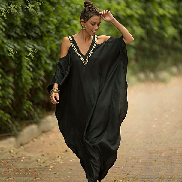 Women's V Neck Off-Shoulder Beach Dress Gold Edged Loose plus Size Maxi Holiday Dress Bikini Cover up Sunscreen Clothing_ecoleips.com