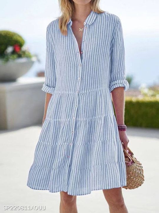 Women's Autumn Long-Sleeved Women's Striped Shirt Style Dress_ecoleips.com