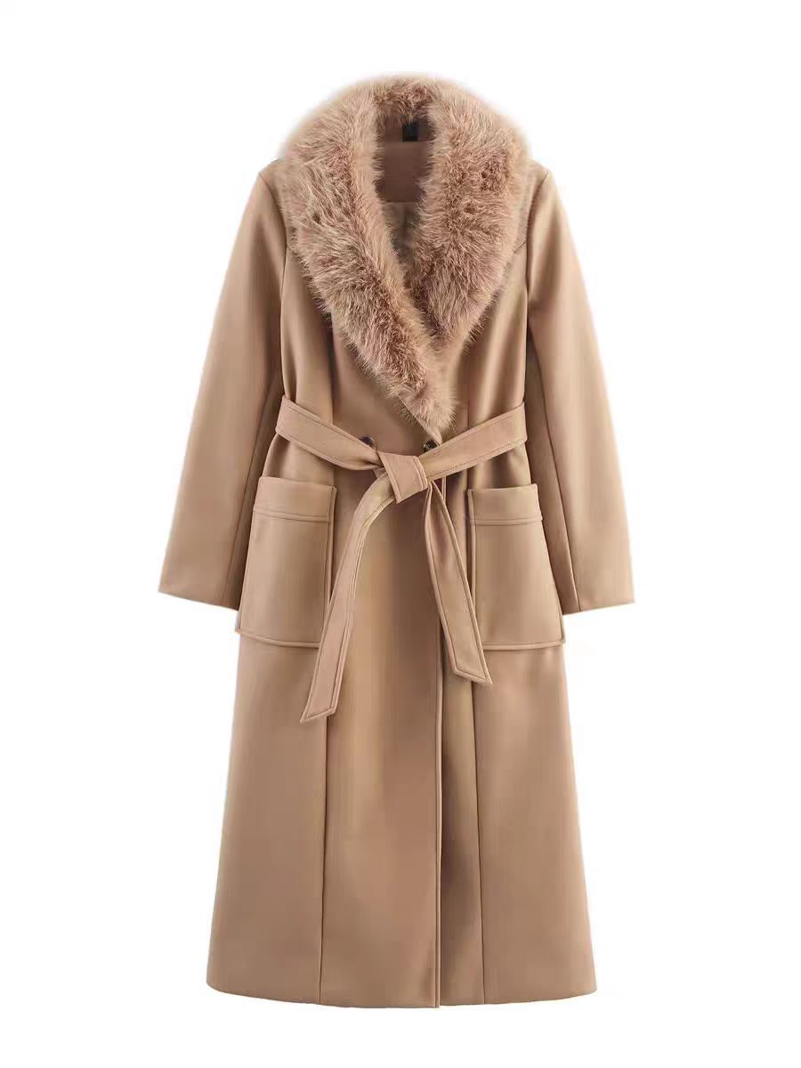Women’s Long Wool Coat With Faux Fur Collar – Double-Breasted Trench Coat, Polyester Blend, Oversized Pockets (Caramel, S-XL)_ecoleips.com