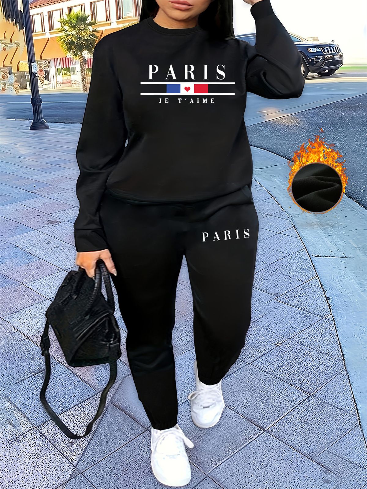 Women's Autumn/Winter Hip Hop Casual Street Paris Letter Pattern Printed Round Neck Sweatshirt+Sweatpants Warm Set-626_ecoleips.com