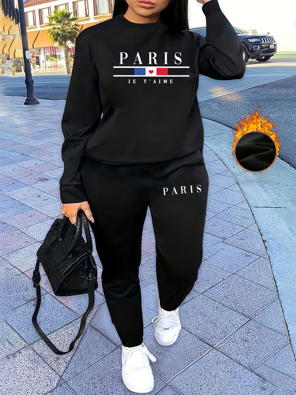 Women's Autumn/Winter Hip Hop Casual Street Paris Letter Pattern Printed Round Neck Sweatshirt+Sweatpants Warm Set-626_ecoleips.com