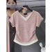 Women's Rhinestone Faux Two Piece Top Short Sleeved T-Shirt 90% Cotton 10% Spandex Fashionable_ecoleips.com