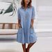 Women's Clothing Mesh Splicing Solid Color Denim Short Sleeved Dress Long Skirt_ecoleips.com