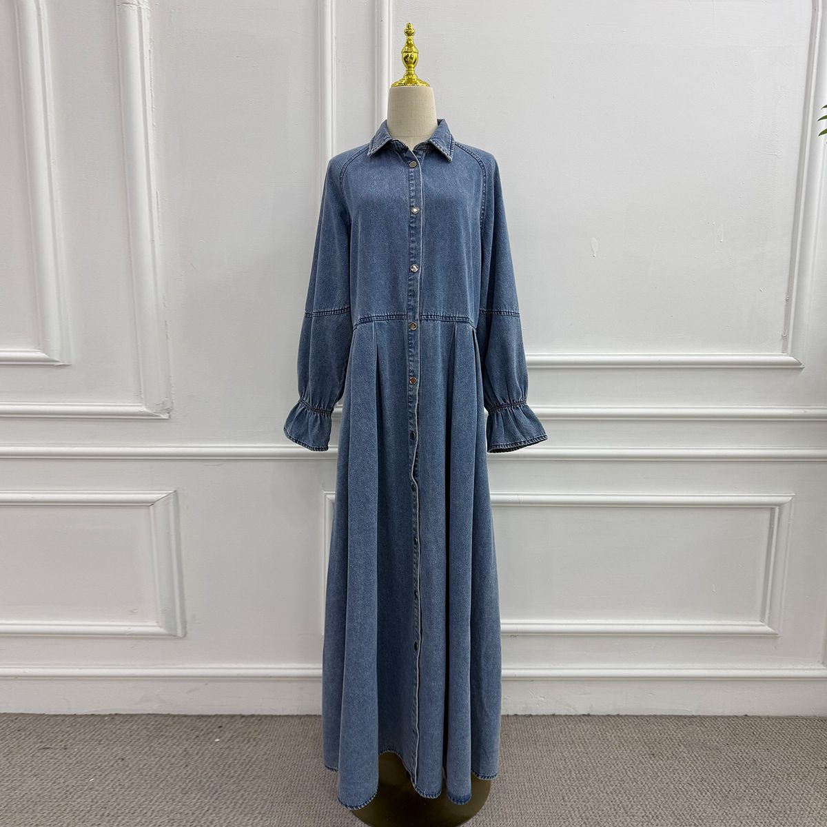Voya Women's Oversized Dress - Cotton Denim Maxi Dress With Puff Sleeves & Button Front - Vintage French Chic, Casual Resort Wear For Spring Summer_ecoleips.com