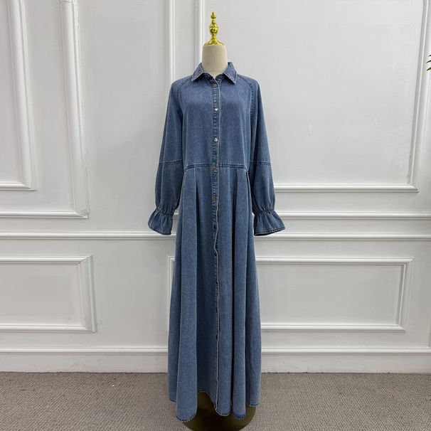 Voya Women's Oversized Dress - Cotton Denim Maxi Dress With Puff Sleeves & Button Front - Vintage French Chic, Casual Resort Wear For Spring Summer_ecoleips.com