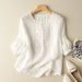 Women's Clothing Summer New Cotton And Linen Mid Sleeve Ladies Shirt Heavy Embroidery Loose Artistic Retro Thin Top White_ecoleips.com