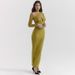 Fashion Women Long Sleeve Sheer Mesh Patchwork Deep V Neck Slimming Bodycon Elegant Long Maxi Dress_ecoleips.com