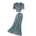 Fashionable V-Neck Bubble Sleeve Blouse With High-Waisted Denim Mermaid Skirt Set - Elegant Two-Piece Outfit For Women_ecoleips.com