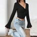 Voya Women's V-neck Flared Sleeve T-shirt Summer New Elegant Style Solid Color Pullover Long Sleeved Short Top For Women_ecoleips.com