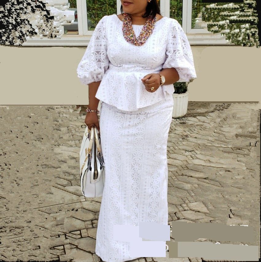 Plus Size Women's Lace Embroidered Top & Elastic Skirt Set – Elegant Two-Piece Outfit For Casual & Special Occasions_ecoleips.com