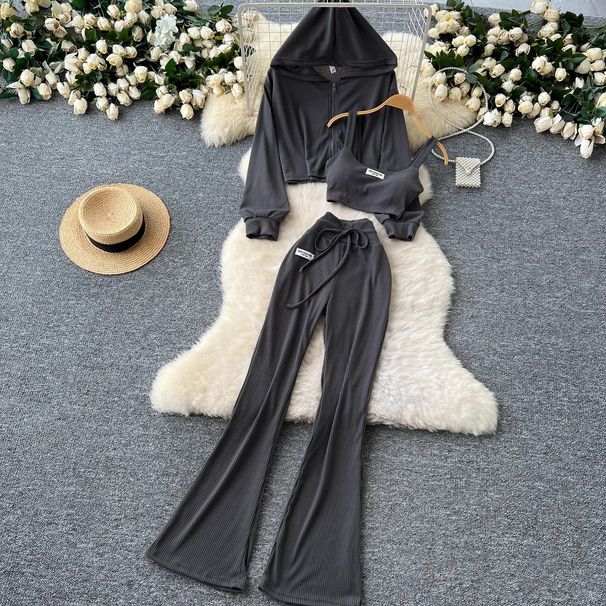 Women's 3 Piece Sportswear Set Base Layer Tank Top Long Sleeved Hooded Jacket Casual Flared Pants Simple Autumn Outfit_ecoleips.com