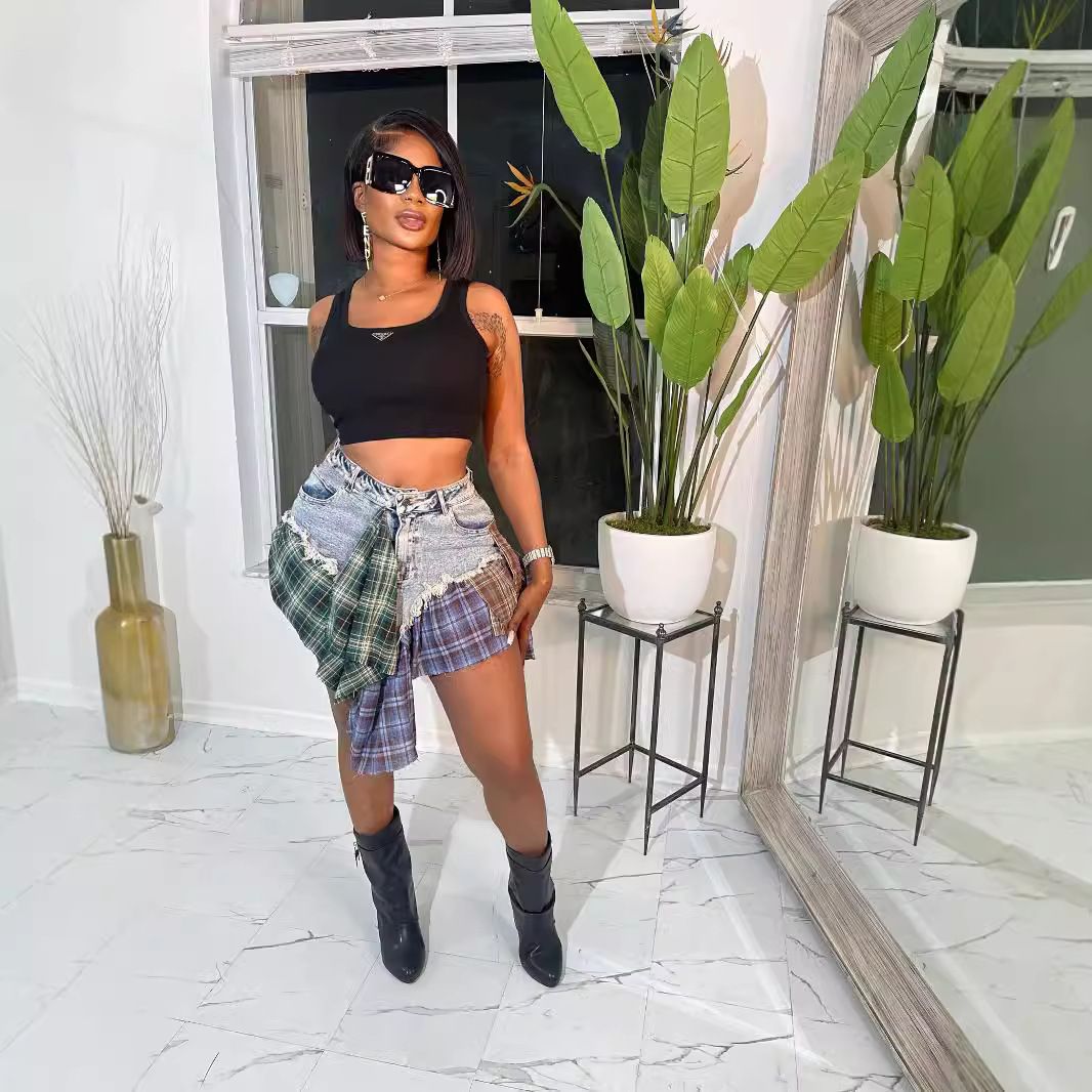 Women's Clothing Women's Sexy Irregular Plaid Patchwork Denim Mini/Midi Skirt Style For Formal & Casual For Women_ecoleips.com