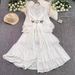 Victorian-Inspired Lace Trim Dress – High Neck Elegant Midi Dress With Flared Sleeves & A-Line Silhouette (5 Colors, One-Size Fits Most)_ecoleips.com