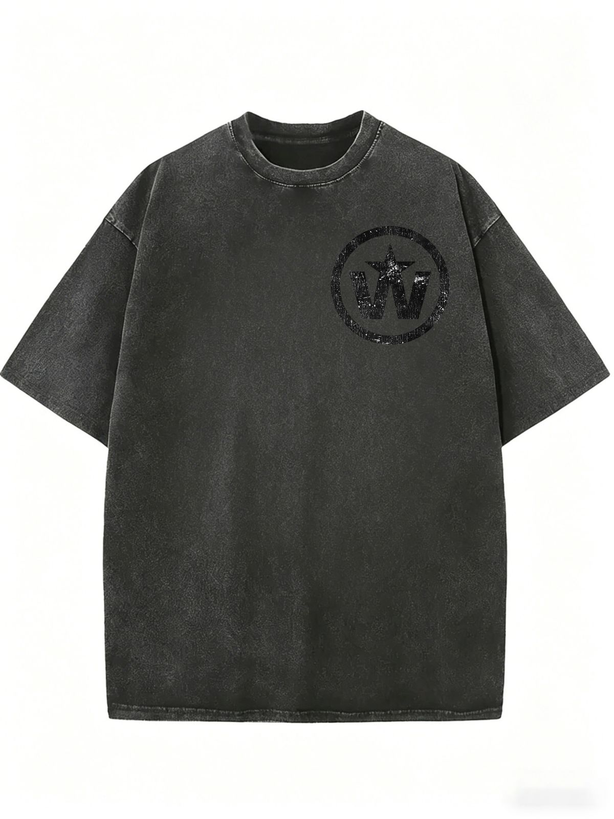 Vintage Acid Washed Black Oversized T Shirt Women Distressed Circle W Star Small Chest Print Loose Short Sleeve Casual Basic Streetwear Top_ecoleips.com