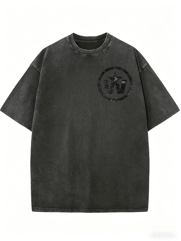 Vintage Acid Washed Black Oversized T Shirt Women Distressed Circle W Star Small Chest Print Loose Short Sleeve Casual Basic Streetwear Top_ecoleips.com