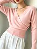 Blush Pink Deep V Wrap Pit Rib Knit Sweater, Loose Lightweight Breathable Soft Skin-touch Long Sleeve Waist Cuff Pullover_ecoleips.com
