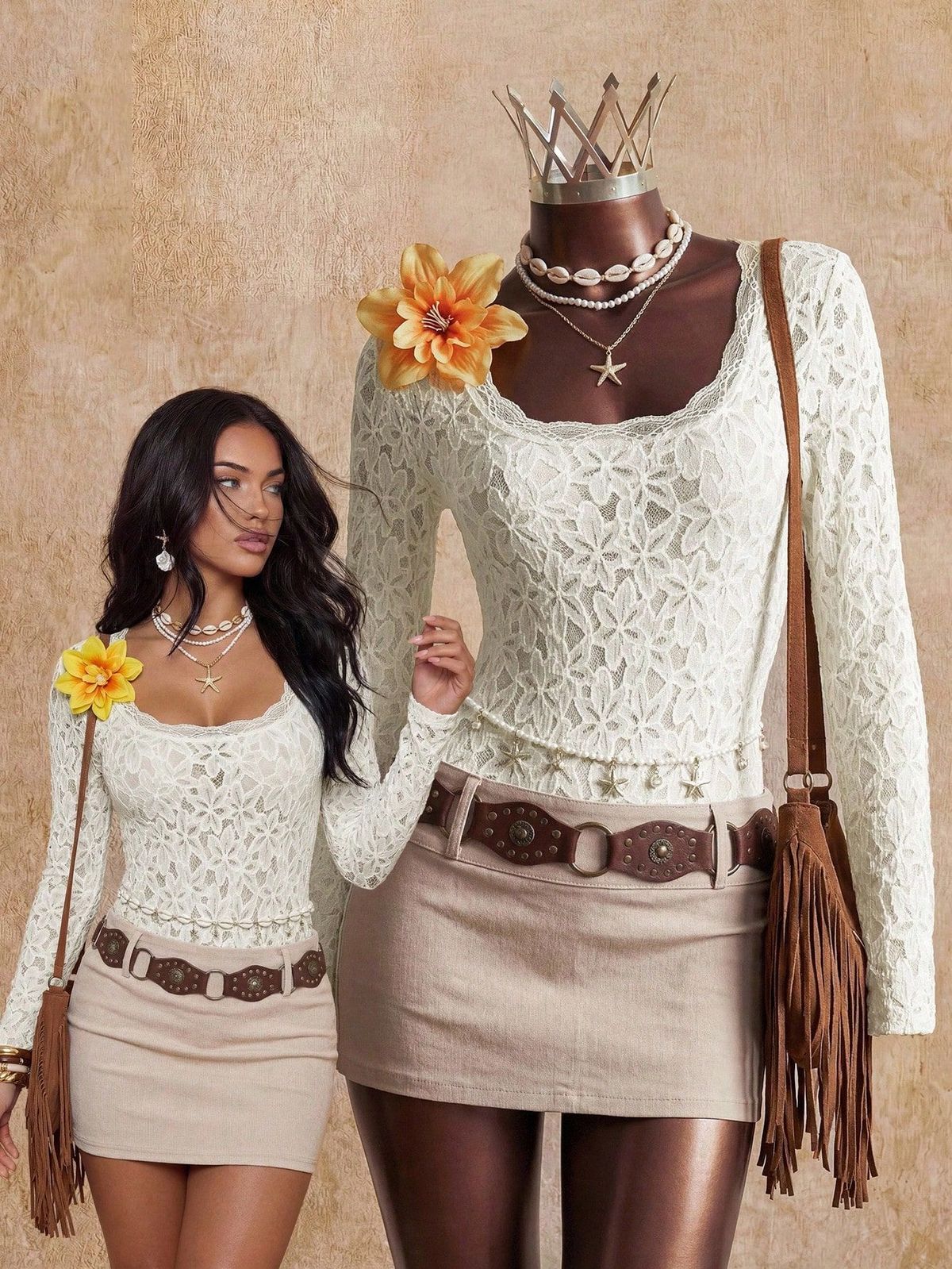 Women's Round Neck Lace Bodysuit Slim Fit Long Sleeve Base Layer Top With Front Shoulder Design Style_ecoleips.com