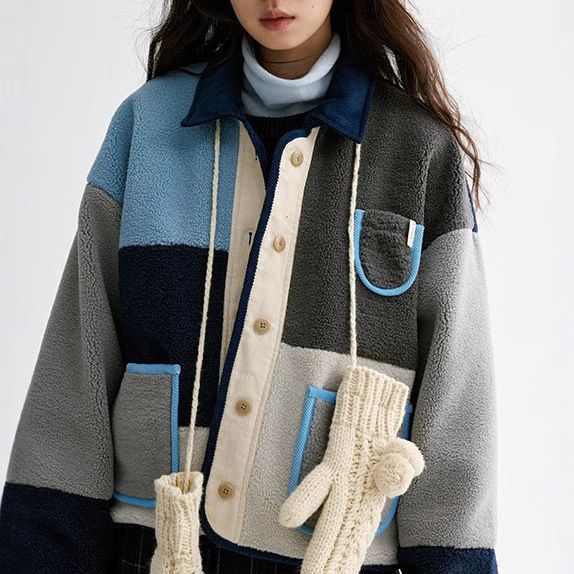 Women's Clothing Retro Color Matching Colorful Plaid Silhouette Loose Lamb Wool Short Jacket_ecoleips.com