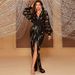 2025 New Women's Fashion European And American Cross-Border Trade V-Neck Waist-Cinching Slit Printed Black Long_ecoleips.com