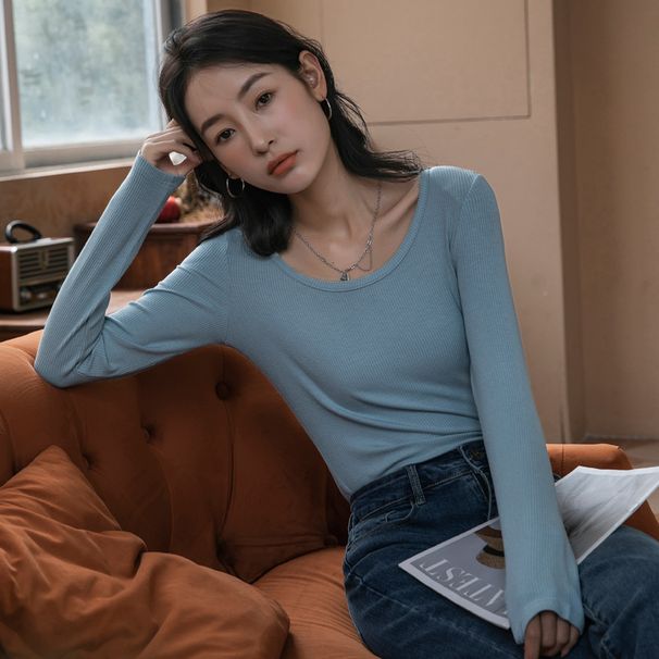 Skin Friendly Soft High Elasticity Fine Thread 2025 Spring New Long Sleeved T-Shirt Women's Base Shirt Looks Slim And_ecoleips.com