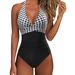 One Piece Swimsuit Women's Multi Color Printed Stitching Backless Halterneck Lace up Swimwear Backless Halterneck Swimwear_ecoleips.com