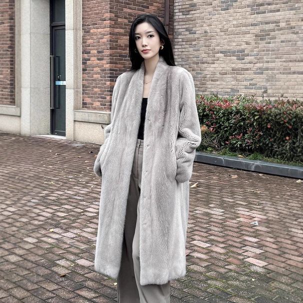 Women’s Long V-Neck Faux Mink Coat – Chic & Ethical Winter Jacket (S/M/L, Black/Beige/Camel/Grey/Light Grey)_ecoleips.com
