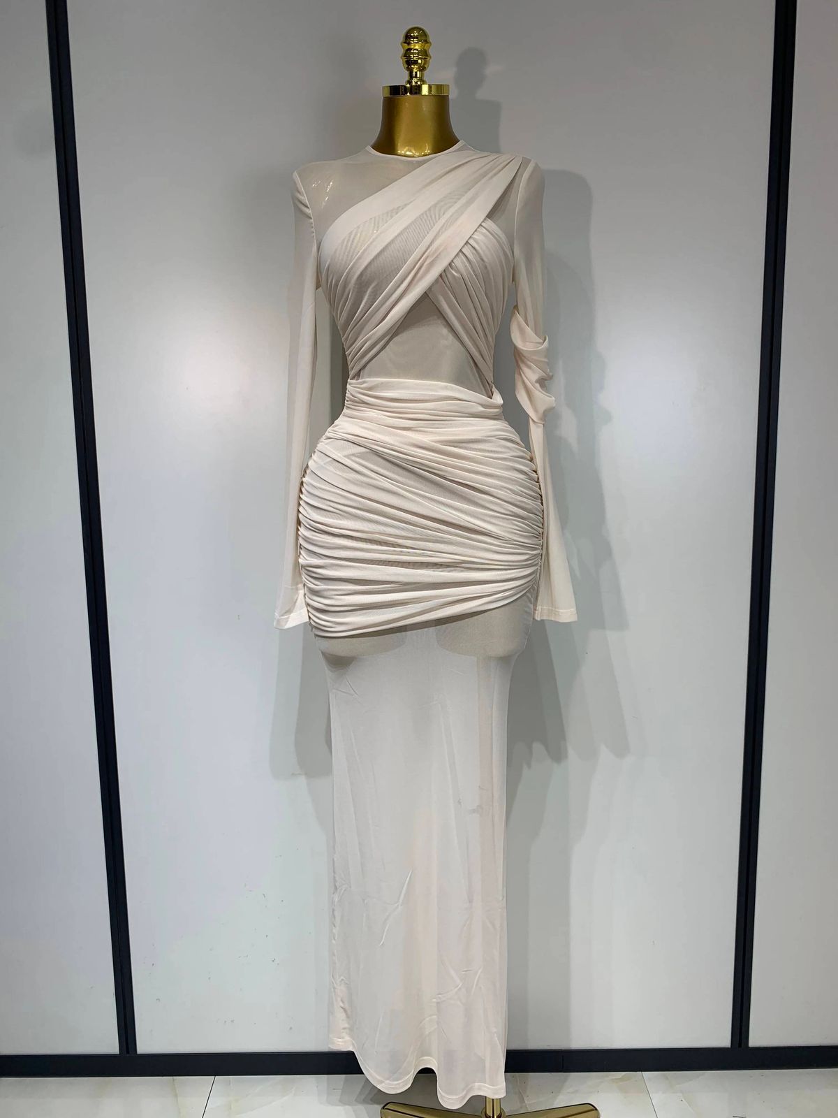 Elegant Brown Mesh Fold Long Sleeve Bodycon Dress Women Evening Party Club Sexy Perspective Fashion Luxury Birthday Dresses EYC8_ecoleips.com