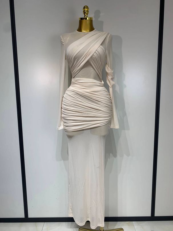 Elegant Brown Mesh Fold Long Sleeve Bodycon Dress Women Evening Party Club Sexy Perspective Fashion Luxury Birthday Dresses EYC8_ecoleips.com