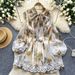 Women's Clothing Dress For Women With Bow Tie Neckline And Lantern Sleeves, Lace Splicing, Shiny Chiffon Skirt And Short Skirt_ecoleips.com