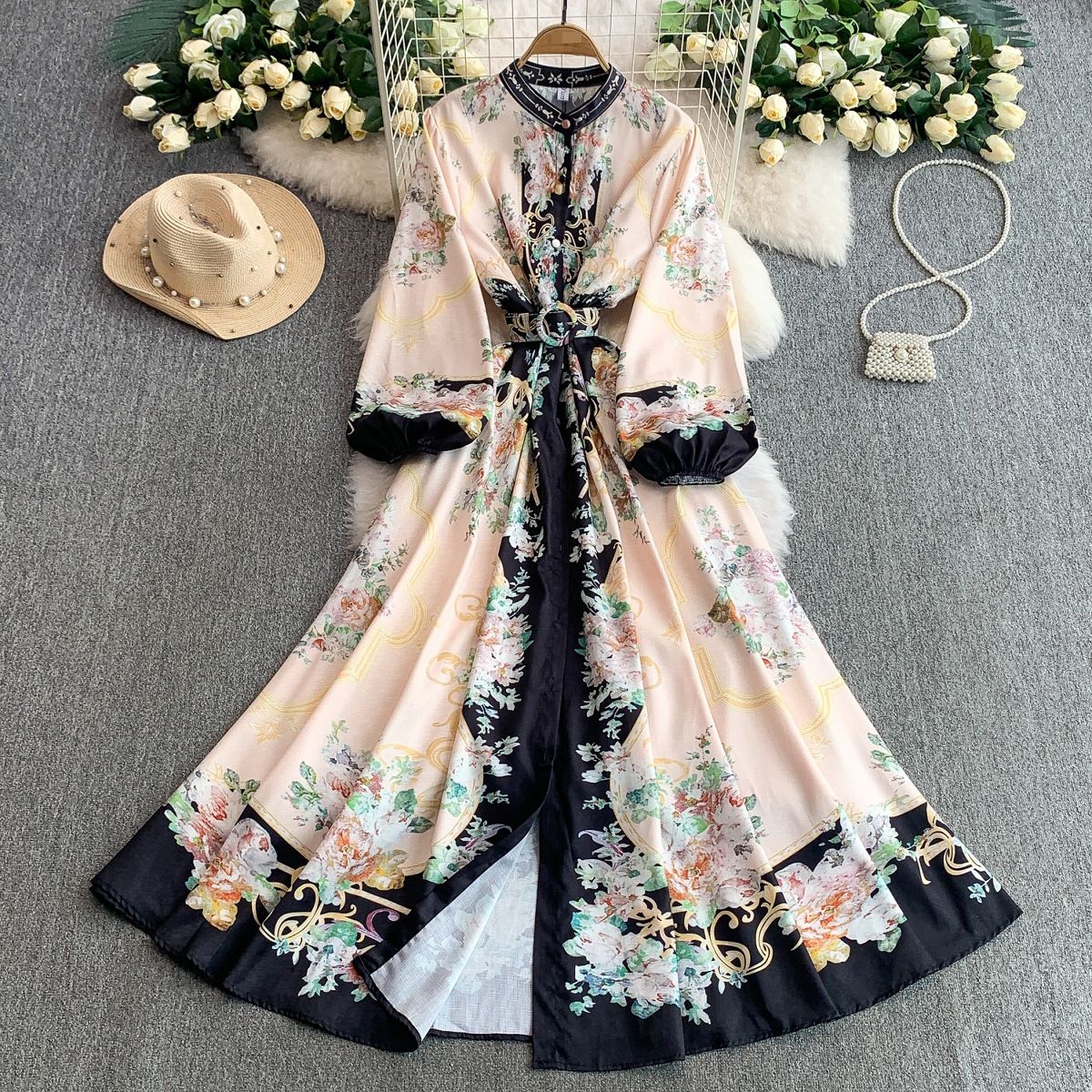 Women’s Clothing Palace Style Stand Collar Lantern Sleeve Dress For Women Summer Single Breasted Waist Slim Print Long Skirt_ecoleips.com