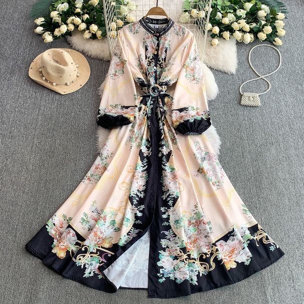 Women’s Clothing Palace Style Stand Collar Lantern Sleeve Dress For Women Summer Single Breasted Waist Slim Print Long Skirt_ecoleips.com