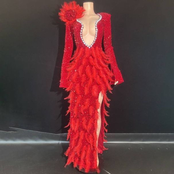 Scarlet Flame Elegance Dress - Deep V-Neck Crystal Evening Gown For Brides & Celebrations_ecoleips.com