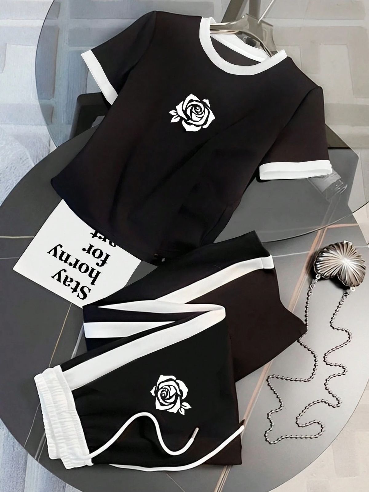 Women's Casual Sporty Two-Piece Set Short Sleeve Top Comfort7able Pants Black White_ecoleips.com