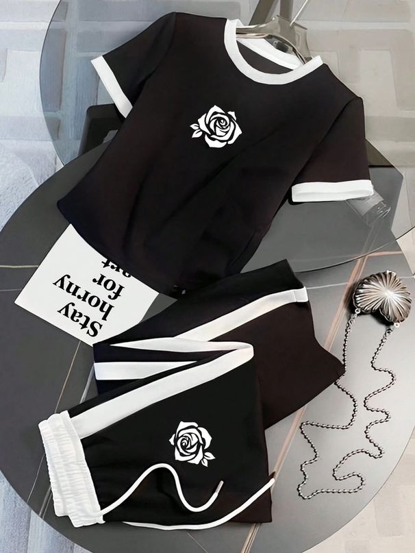 Women's Casual Sporty Two-Piece Set Short Sleeve Top Comfort7able Pants Black White_ecoleips.com