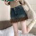 Women's Denim Mini Skirt With Raw Hem & Fringe, High Waisted Stretchy Figure-Flattering A-Line Skirt For Daily Wear_ecoleips.com