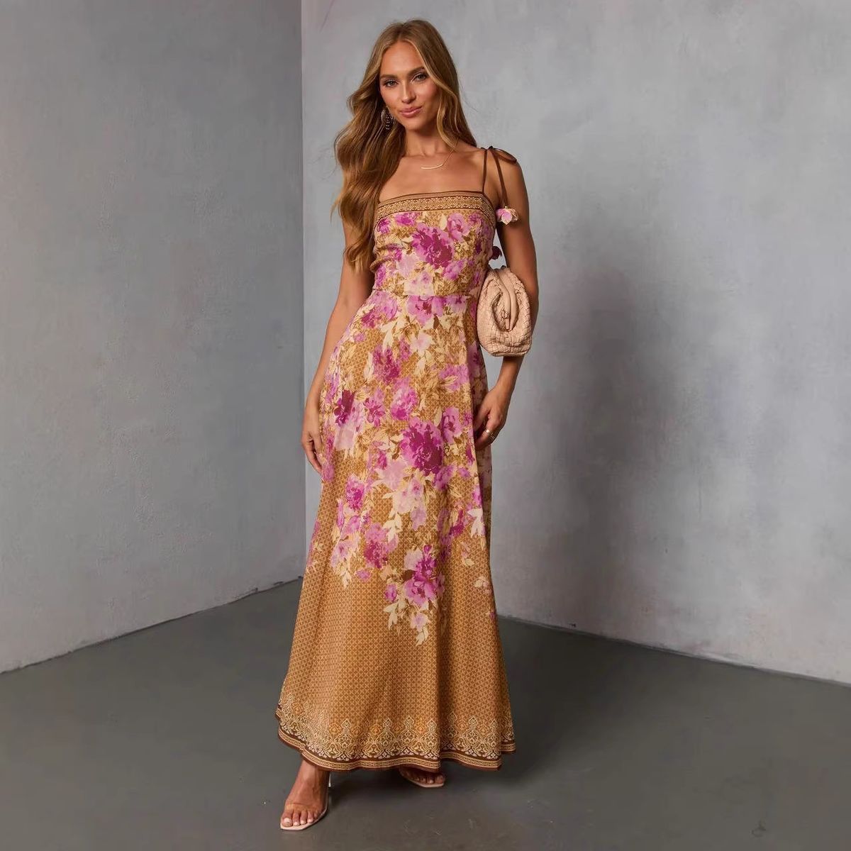 Summer Floral Print Sleeveless Dress For Women, Sexy A-Line High Waist Slit Maxi Dress, Casual Boho Chic Sundress For Beach Party Vacation_ecoleips.com