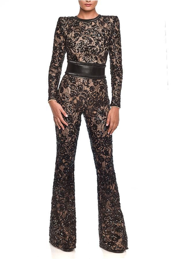 Elegant Slim Fit Lace Jumpsuit Socialite Style Composite Lace Women's Bottoms_ecoleips.com